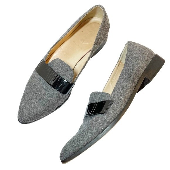 J. Crew Flats Gray Felted Wool Black Patent Leather Loafers Womens Size 8 Preppy - Picture 1 of 14